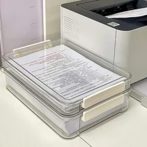 Transparent desktop file organizer detail showing double layer pull out drawers for A4 papers.