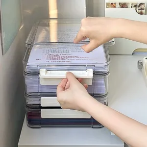 Transparent multi-layer A4 paper storage box with pull drawers for neat desk organization.