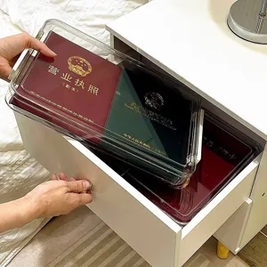 Clear plastic desk organizer drawer, dual-layer A4 paper storage box for office supplies detail.