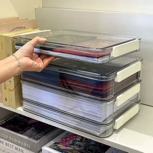 Clear plastic A4 paper storage box double layer desktop document organizer and holder.