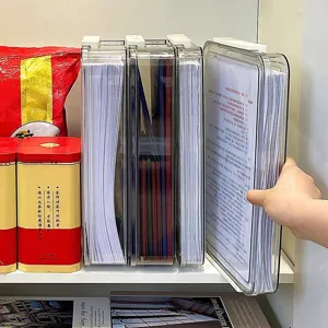 Transparent plastic file storage box, double-layer desktop organizer for A4 papers.