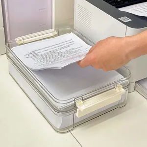 Clear double layer A4 paper storage box detail, practical desktop drawer organizer for office desk.