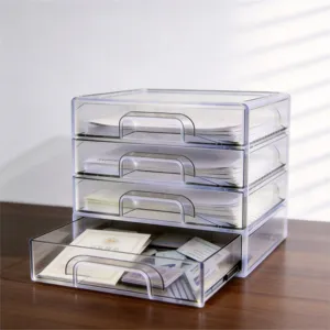 Clear 4-tier transparent plastic desktop storage box for A4 papers and files organizer.