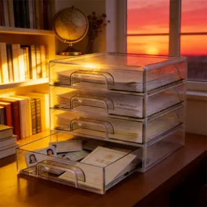 Clear acrylic 4-tier desktop storage drawer organizer for office school A4 papers and documents.