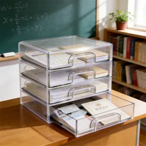Transparent 4-tier desktop drawer organizer for A4 paper files and school supplies storage.