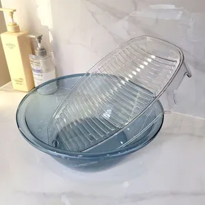 Transparent blue wash basin with washing board set for dorm laundry and daily use small size.