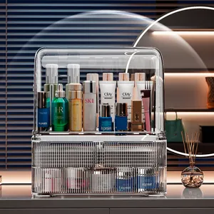 Organizador de maquillaje de acrílico transparente para tocador con tapa y cajones prácticos.