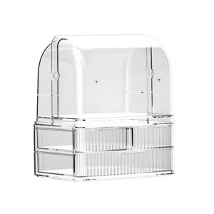 Organizador de cosmeticos de acrilico transparente con tapa de domo y cajones para tocador.