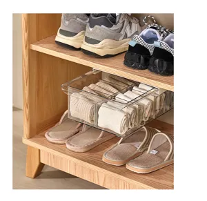 Under shelf clear storage box detail, drawer style organizer for socks and underwear.