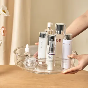 Organizer per cosmetici rotante trasparente per trucco, design scandinavo semplice.