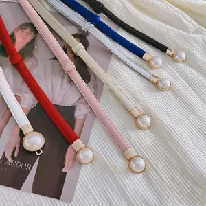 Ceinture fine pour femme avec boucle perle, lanière en cuir PU polyvalente pour robe pull.