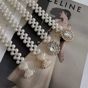 Women Elegant Retro Elastic Pearl Waist Chain Rhinestone Crystal Flower Alloy Dress Belt Fashion Waistband Jewelry