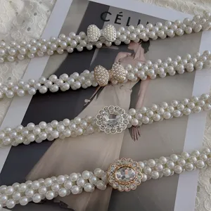 Elegant pearl waist chain for women with crystal rhinestone bow and flower design stretch belt
