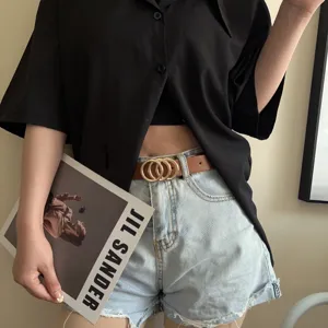 Stylish women double ring buckle leather belt causal retro waist accessories for jeans outfit