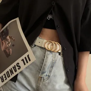 Women white belt with gold triple ring buckle minimalist vintage jeans belt accessory