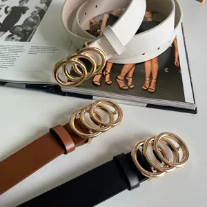 Women fashion triple metal ring buckle belt minimalist PU leather waist belt for jeans