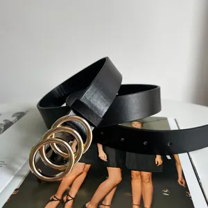 Women's black leather belt with triple gold round ring buckle stylish retro waist belt for jeans