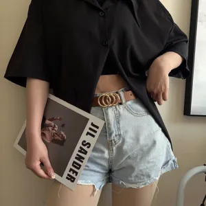 Women brown leather belt retro metal interlocking round buckle jeans waist belt fashion