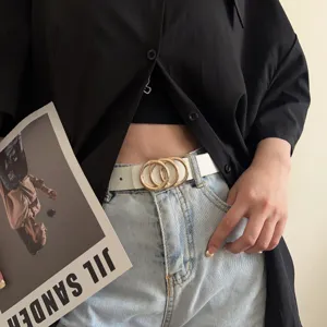Stylish women's white leather belt featuring a gold interlocking multi-ring buckle detail.
