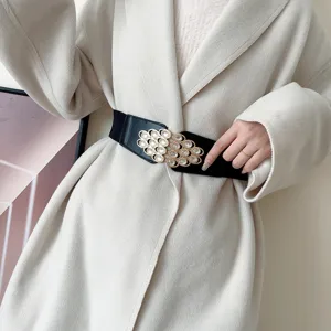 Women's black elastic wide waist belt with rhinestone metal buckle dress coat accessory