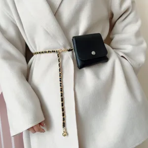 Chic women waist chain belt with mini bag black gold woven design fashion accessory for coat dress