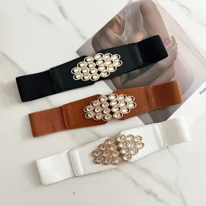 Women Wide Elastic Waist Belt Fashion Stretch Cinch Belt With Rhinestone Metal Buckle For Dresses Coat Casual Waistband