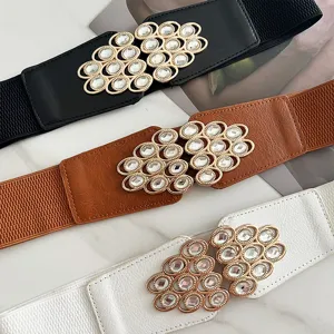 Women wide elastic dress belt stretch waist cincher decorative rhinestone buckle black brown white