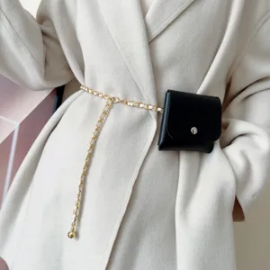 Women fashion leather woven chain waist belt with small black pouch elegant accessory
