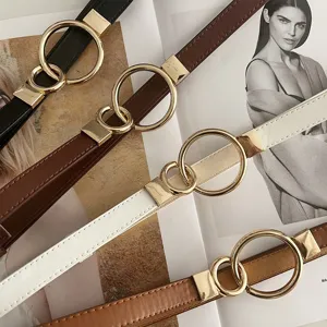 Women adjustable thin waist belt with gold double round ring buckle chic dress accessory