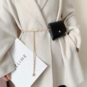 Women fashion chain belt with small black pouch elegant woven waist bag for daily wear