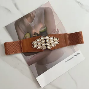 Detailed shot of brown elastic waist belt with elegant rhinestone metal buckle for dresses.