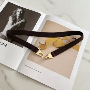 Brown elastic thin belt for women dress and sweater, elegant metal buckle waist accessory detail.