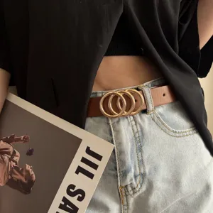 Women Vintage PU Leather Belt Double Ring Metal Buckle Casual Minimalist Jeans Waist Belt Elegant Fashion Accessories