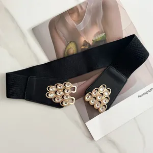 Black elastic waist belt for women with gorgeous rhinestone gold buckle fashion dress accessory