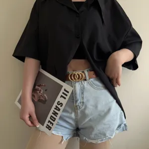 Womens retro double ring buckle leather belt, stylish casual jeans belt for daily wear.