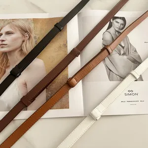 Adjustable thin leather belt set in black brown white, matte finish, dress accessory.