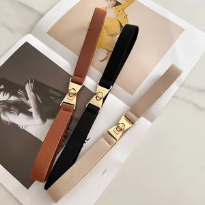Women elastic waist belt metal buckle skinny stretch waistbands for dress sweater coat