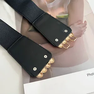 Black elastic wide waist belt detail, stretch fabric and PU leather design for women dresses.