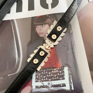 Adjustable black patent leather belt with vintage gold leaf buckle for women dresses