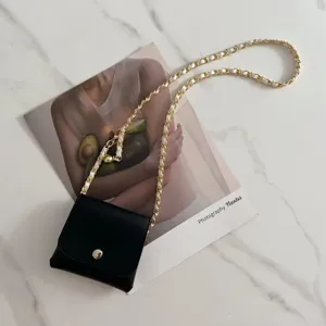 Mini black leather bag with woven chain, trendy chic waist belt and crossbody bag for women.