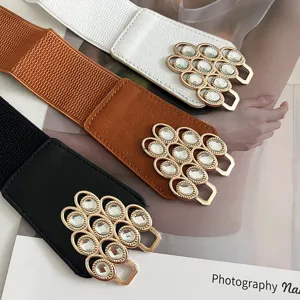 Women's wide elastic waist belt with sparkling rhinestone decorative clasp dress accessory