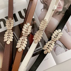 Women thin leather belt set with gold leaf buckle decorative dress waist accessory