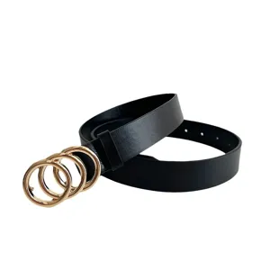 Women fashion black leather belt with gold metal interlocking round ring buckle minimalist design