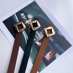 Women's slim leather belt with modern geometric metal buckle stylish waist accessory