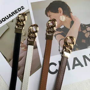 Minimalist thin leather dress belt with metal chain buckle for women, adjustable waist accessory.