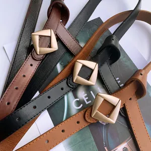 Women stylish belt with unique geometric rhombus metal buckle, classic casual daily design.