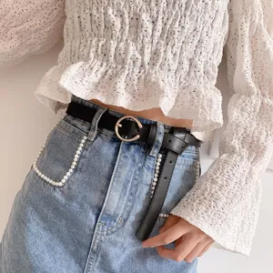 Women black belt casual metal round buckle stylish waist accessory for jeans and skirts