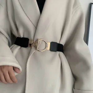 Women wide elastic waist belt with metal T-bar ring buckle for sweater dress coat accessories