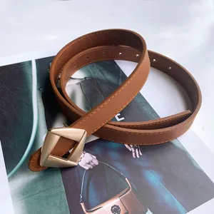 Women brown leather belt with stylish geometric rhombus gold metal buckle for daily casual wear.