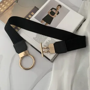 Women elastic waist belt with metal ring and T-bar buckle stylish dress accessory.